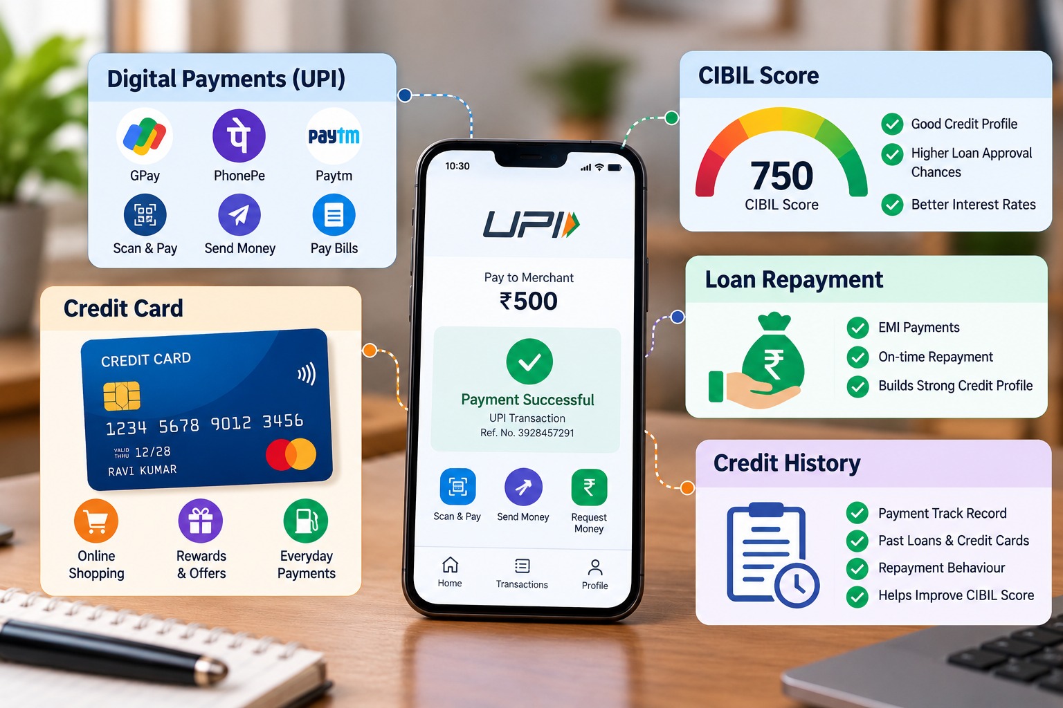 UPI payments and credit profile showing digital payment, CIBIL Score, loan repayment, credit card and credit history.
